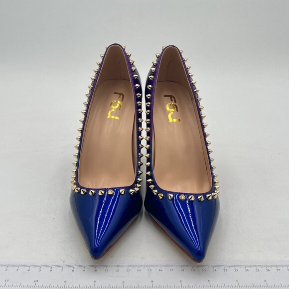 FSJ purple Rivets Bridal Pointed Toe Chunky High Heel Crystal Pumps Dress Shoes - Picture 3 of 8